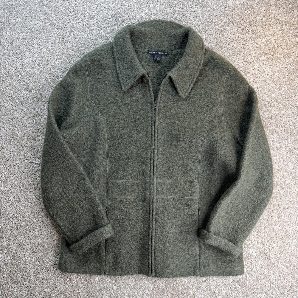 Sarah Spencer Jacket Womens Large Green Wool Full Zip Collared Pockets Knit
